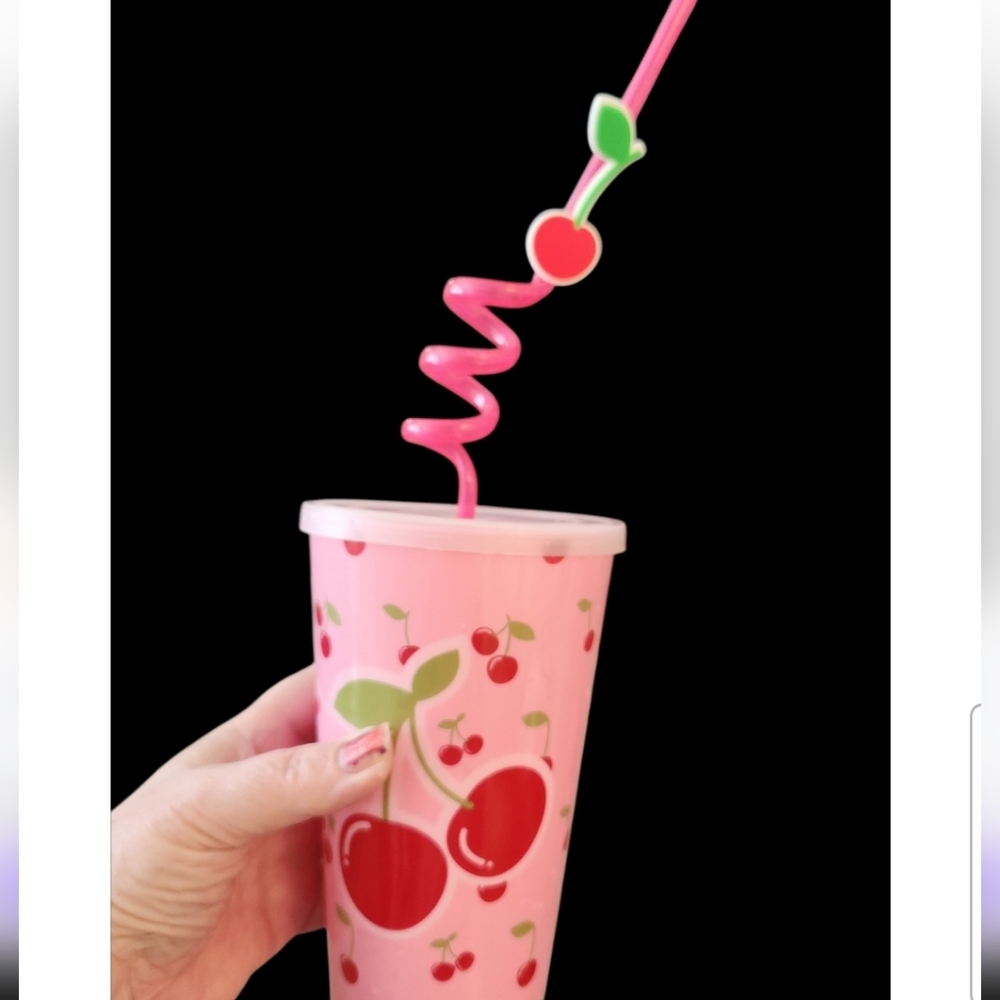 Cherry-Themed Pink Party Cup with Straw ■ Thick Plastic